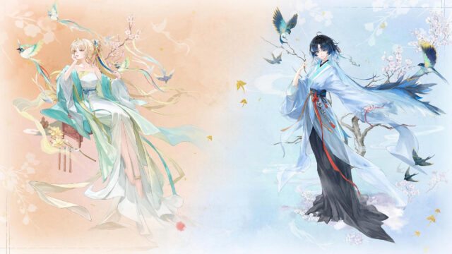 Beautiful Anime Fantasy Duo with Birds and Cherry Blossoms PC Wallpaper