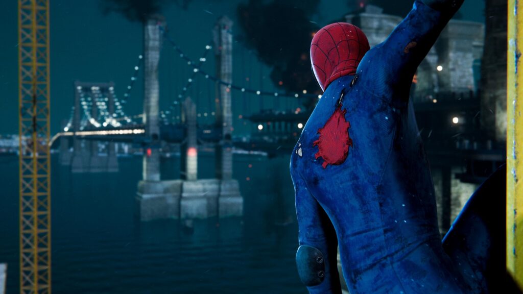 Spider-Man Damaged Suit Overlooking New York City Night 4K PC Wallpaper