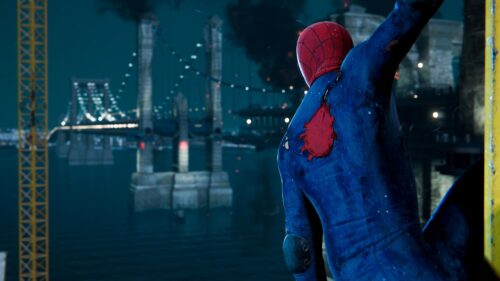 Spider-Man Damaged Suit Overlooking New York City Night 4K PC Wallpaper