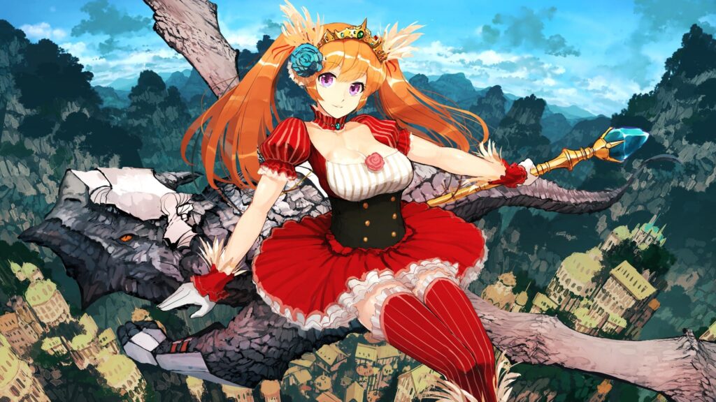 Anime Princess Riding a Dragon Above a Fantasy Kingdom 4K Wallpaper