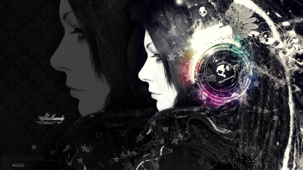 Gothic Girl with Skullcandy Headphones Artistic Black and White PC Wallpaper