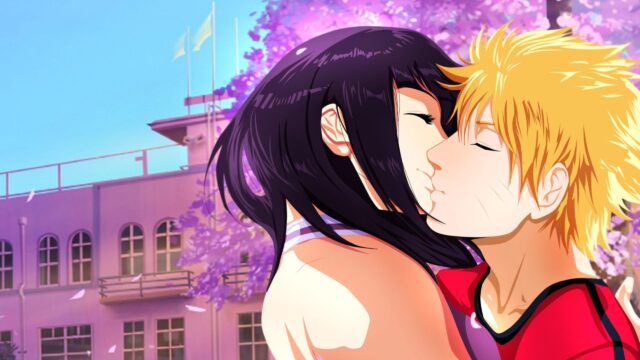 Naruto and Hinata Romantic Kiss Under Cherry Blossom Trees Desktop Wallpaper