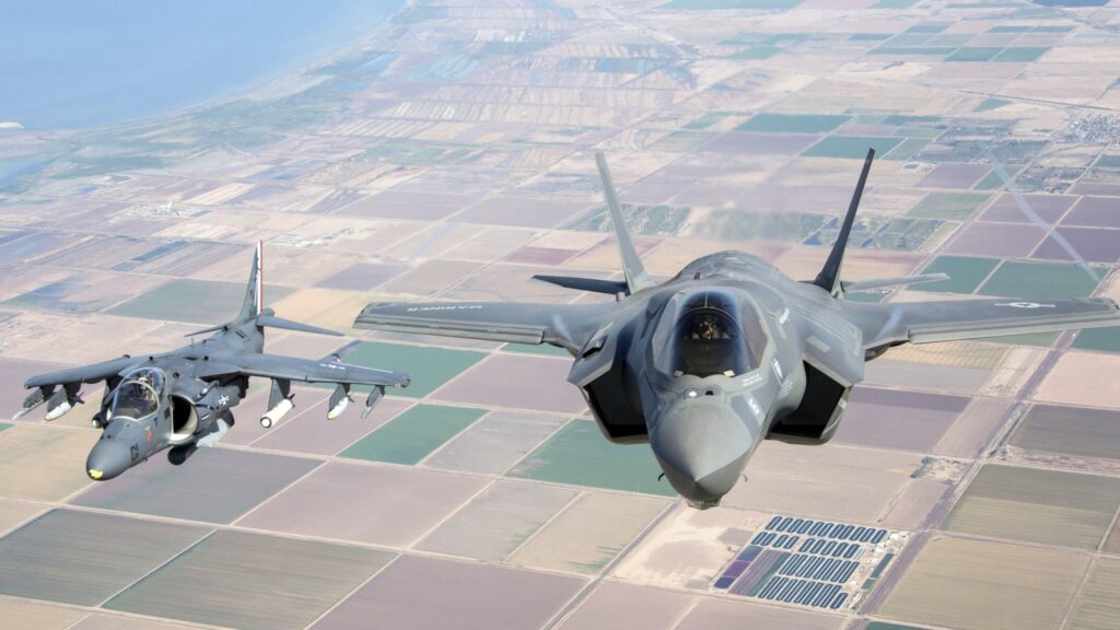 US Marines F-35 Lightning II and AV-8B Harrier Jet Formation PC Wallpaper