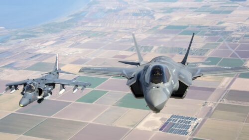 US Marines F-35 Lightning II and AV-8B Harrier Jet Formation PC Wallpaper