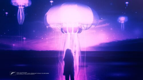 Surreal Girl Standing Under Glowing Neon Jellyfish Fantasy 4K Wallpaper