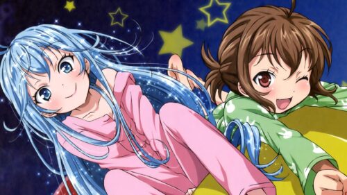 Cute Anime Girls Pajama Party Night Sky Stars 4K Wallpaper