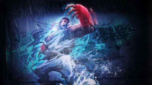 Street Fighter Ryu Intense Combat Blue and Red Neon 4K Desktop Wallpaper