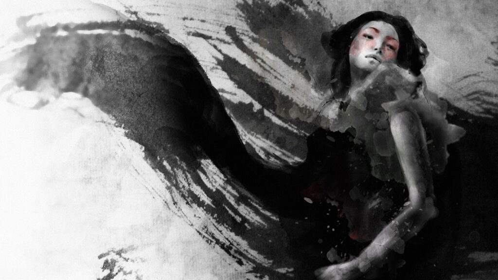 Abstract Ink Wash Painting of a Woman in Black and White PC Wallpaper