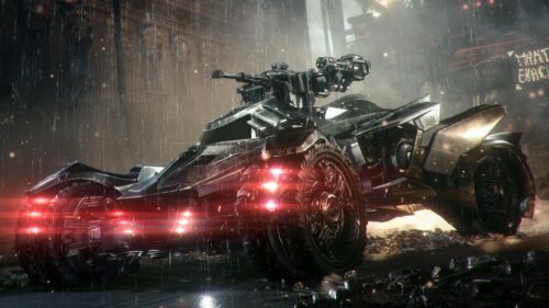 Batman Arkham Knight Batmobile in Rainy Gotham City 4K Wallpaper