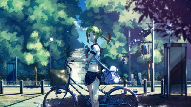 Anime School Girl with Bicycle in Sunny Park PC Wallpaper