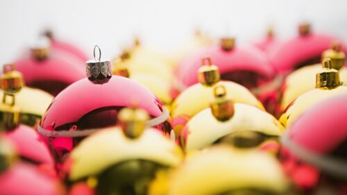 Festive Red and Gold Christmas Ornaments Macro Desktop Wallpaper