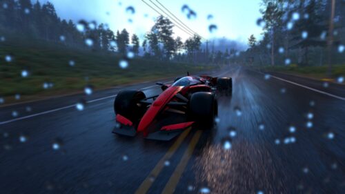 Red Formula One Racing Car Speeding on Rainy Road Desktop Wallpaper