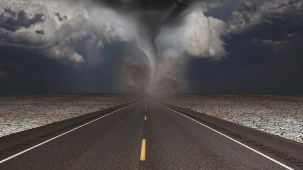 Dramatic Tornado Storm Over Endless Desert Highway 4K Wallpaper