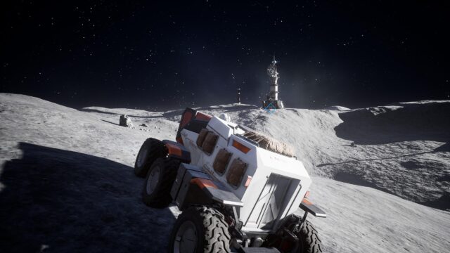 Futuristic Lunar Exploration Rover on Alien Moon Surface 4K Wallpaper