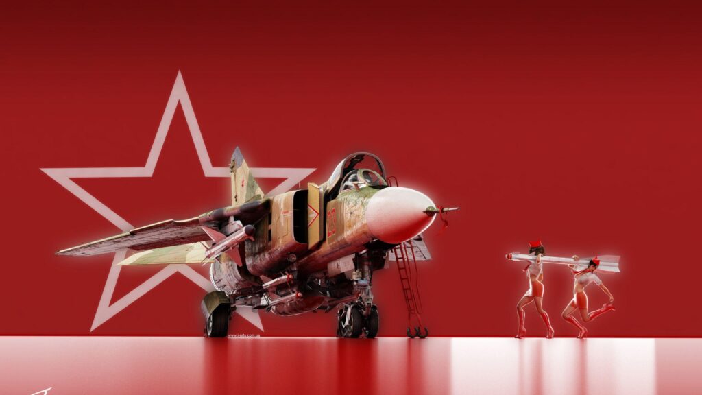 Soviet MiG Fighter Jet with Pin Up Girls Red Background 4K Wallpaper