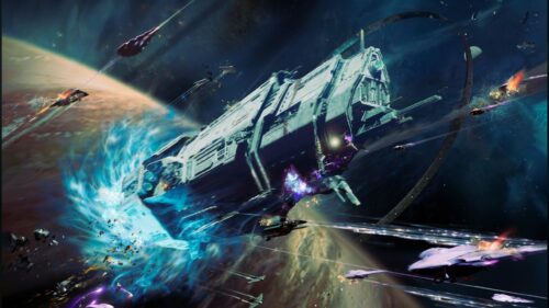 Epic Sci-Fi Space Battle with Massive Dreadnought Warship 4K Wallpaper