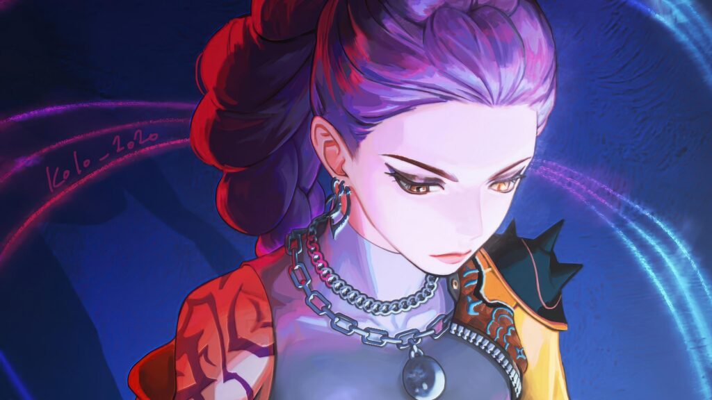 Stunning Anime Girl with Purple Hair and Cyberpunk Style PC Wallpaper