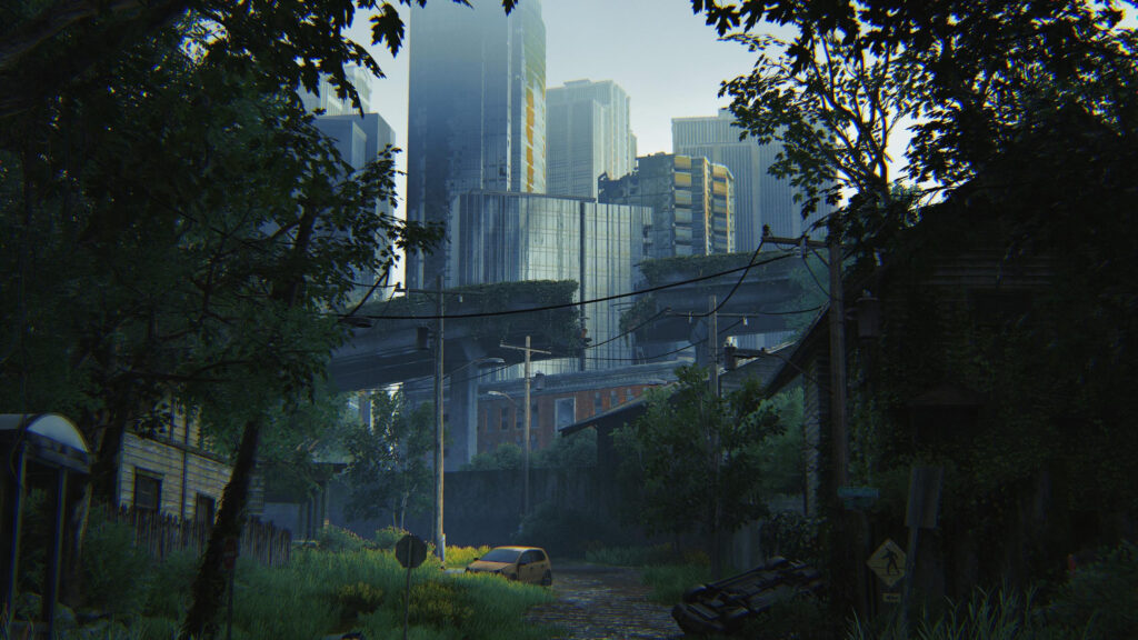 Post Apocalyptic City Ruins with Overgrown Nature 4K Desktop Wallpaper
