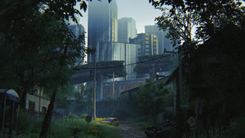 Post Apocalyptic City Ruins with Overgrown Nature 4K Desktop Wallpaper