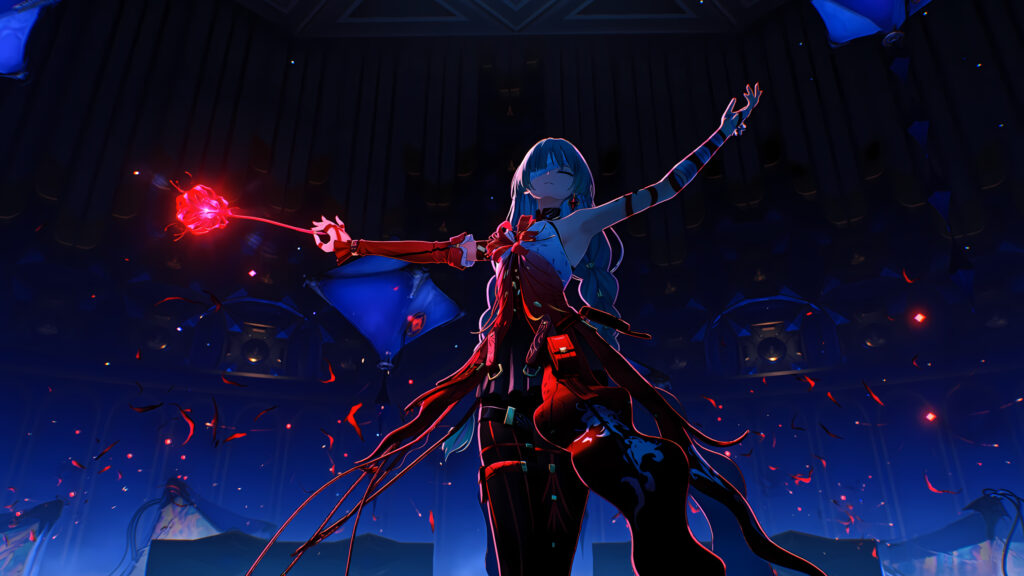 Stunning Anime Girl Performing with Glowing Red Rose 4K PC Wallpaper