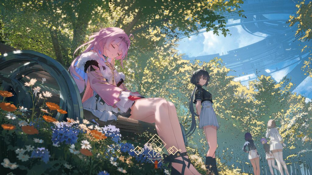 Anime Girls Relaxing in a Sci-Fi Futuristic Park Garden Desktop Wallpaper
