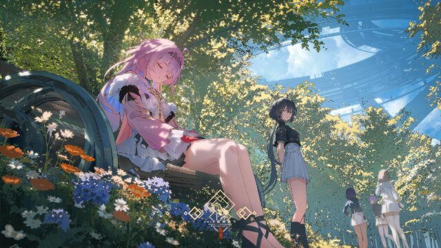 Anime Girls Relaxing in a Sci-Fi Futuristic Park Garden Desktop Wallpaper
