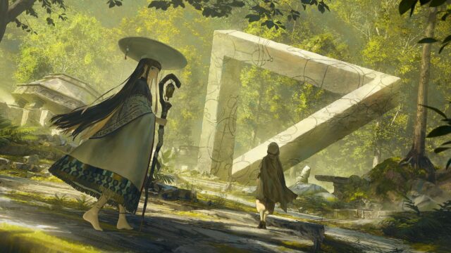 Anime Girl in Enchanted Forest with Ancient Stone Artifact PC Wallpaper