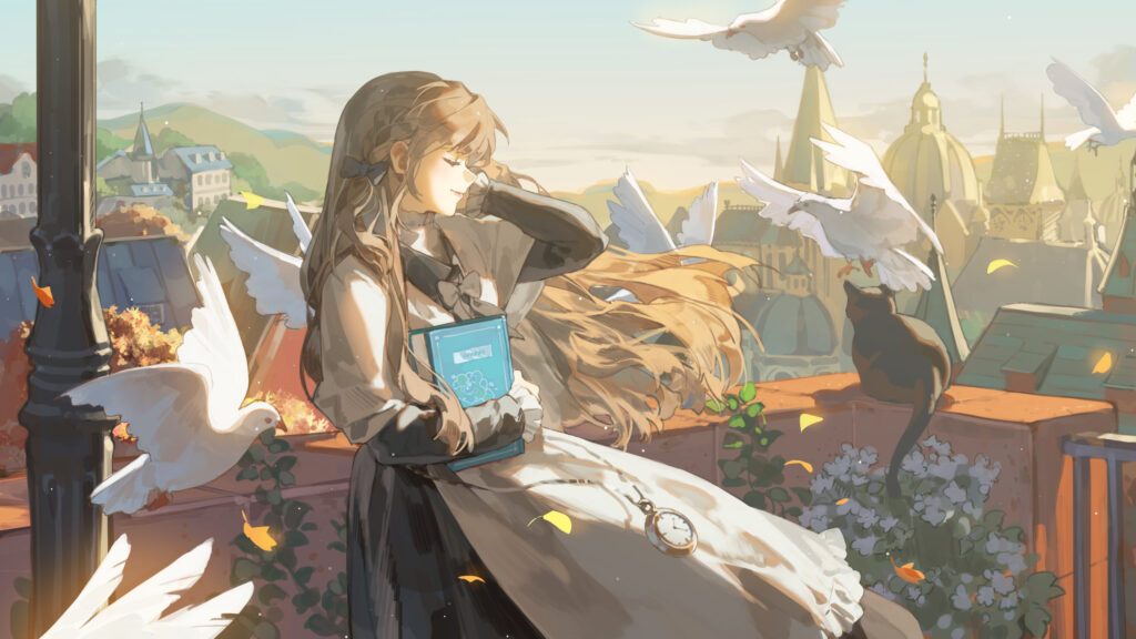 Beautiful Anime Girl Holding Book with Pigeons on European Rooftop 4K Wallpaper