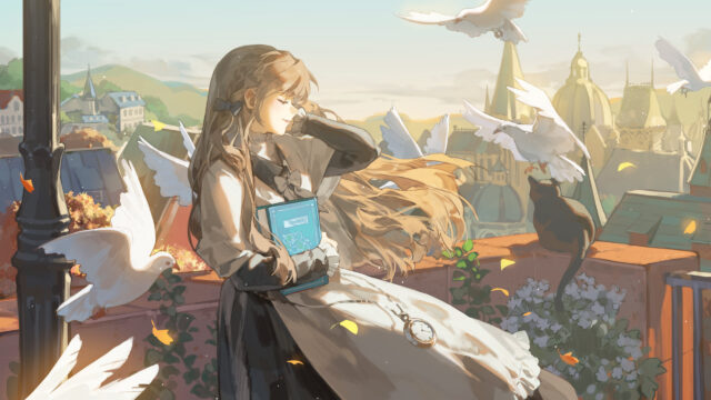 Beautiful Anime Girl Holding Book with Pigeons on European Rooftop 4K Wallpaper