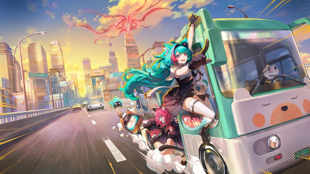 Anime Girls Riding a Cute Bus in a Futuristic City 4K Wallpaper