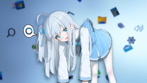 Cute Anime Girl with White Hair Playing with Mouse Cursor PC Wallpaper