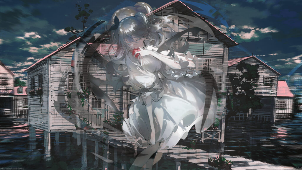 Anime Girl in White Dress by Wooden Waterfront 4K Desktop Wallpaper