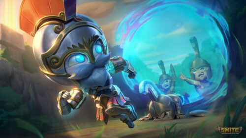 Chibi Zeus Running from Portal Smite Game 4K Desktop Wallpaper
