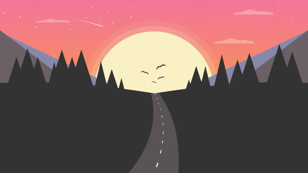 Minimalist Sunset Road Through Dark Forest Silhouette 4K Wallpaper