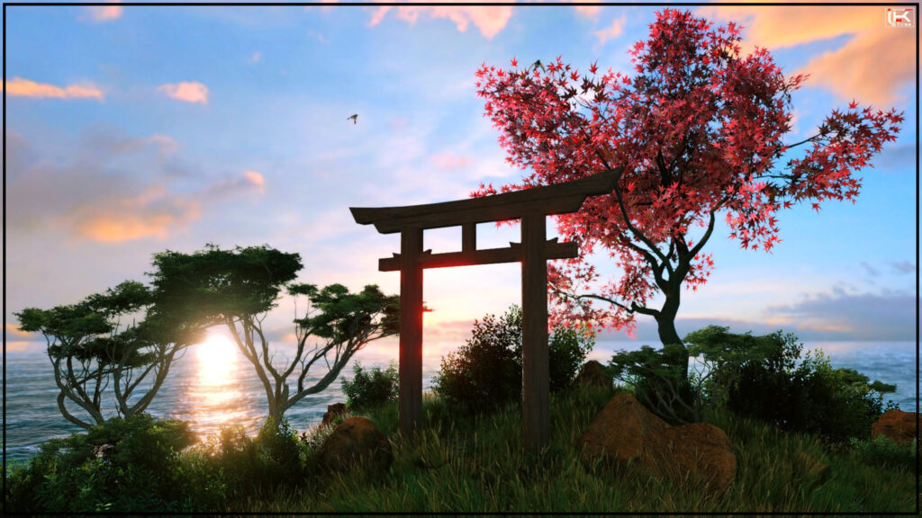 Serene Japanese Torii Gate with Red Maple Tree at Sunset 4K Wallpaper