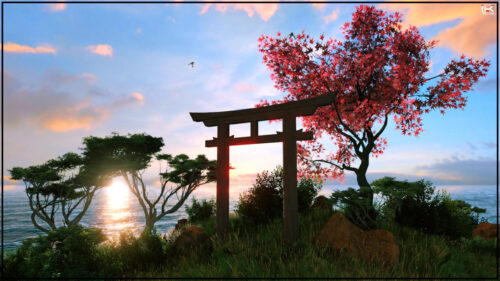 Serene Japanese Torii Gate with Red Maple Tree at Sunset 4K Wallpaper