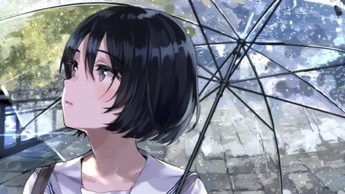 Anime Girl Under Transparent Umbrella in Rain 4K PC Wallpaper