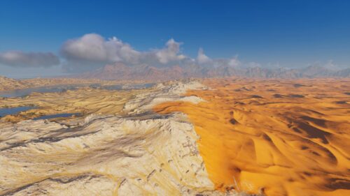 Breathtaking Desert Oasis Landscape with Golden Sand Dunes and Mountains PC Wallpaper