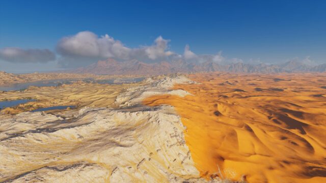 Breathtaking Desert Oasis Landscape with Golden Sand Dunes and Mountains PC Wallpaper