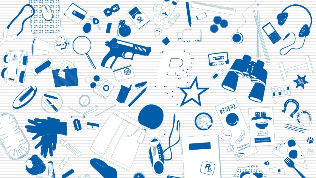 Minimalist Blue and White Pattern Icon Collage Desktop Wallpaper