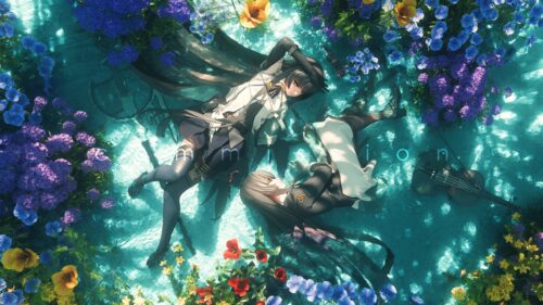 Anime Girls Floating in Flower Pond Artistic 4K Desktop Wallpaper