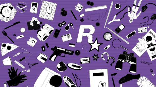 Minimalist Purple RockStar Games Logo Collage Aesthetic Desktop Wallpaper