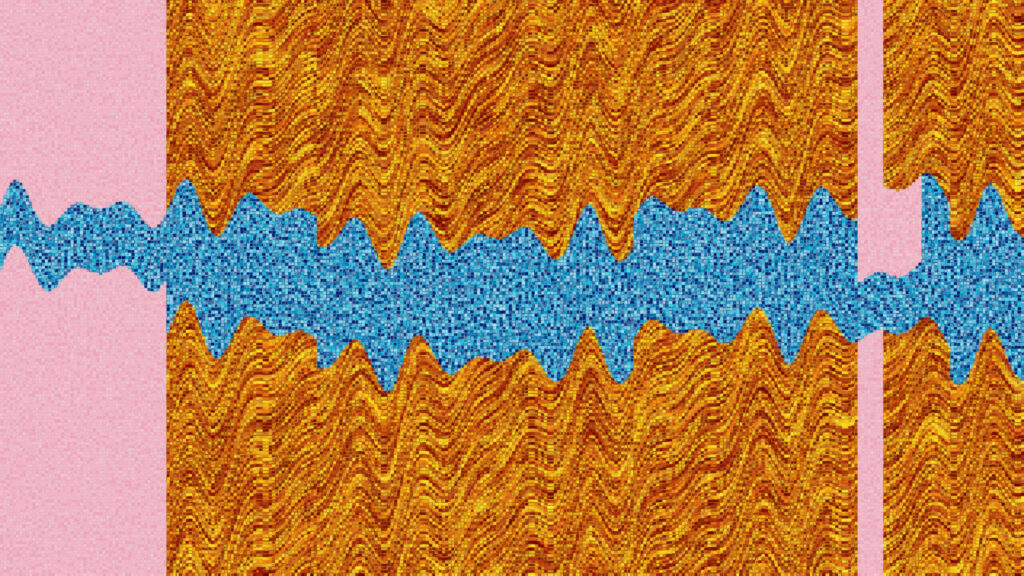Abstract Digital Wave Pattern with Golden Textures and Blue Mosaic PC Wallpaper