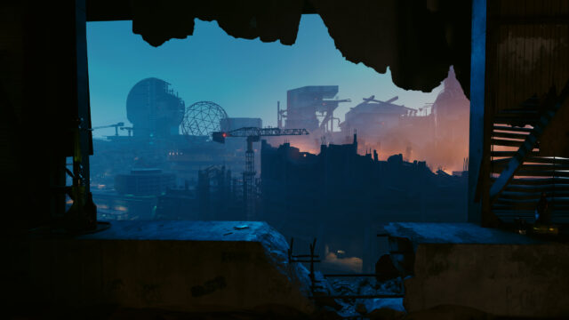 Cyberpunk Dystopian City View from Ruined Building 4K Wallpaper