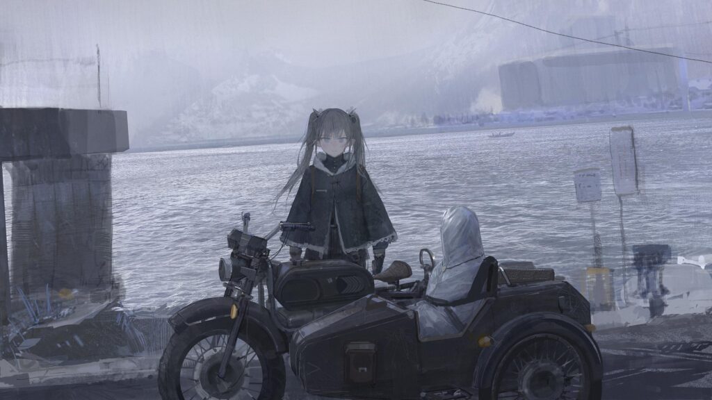 Anime Girl with Sidecar Motorcycle in Melancholic Snowy Landscape PC Wallpaper