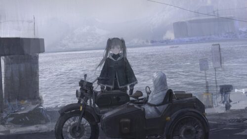 Anime Girl with Sidecar Motorcycle in Melancholic Snowy Landscape PC Wallpaper