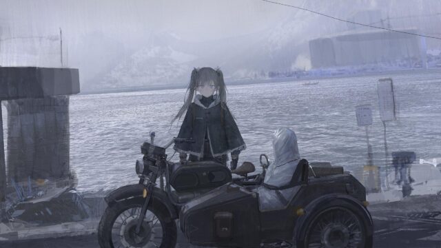 Anime Girl with Sidecar Motorcycle in Melancholic Snowy Landscape PC Wallpaper