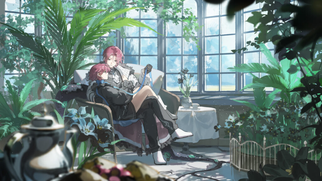 Anime Characters Relaxing in a Sunlit Greenhouse Desktop Wallpaper