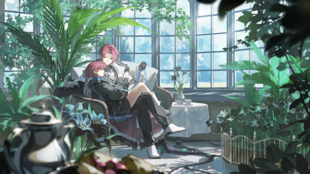 Anime Characters Relaxing in a Sunlit Greenhouse Desktop Wallpaper