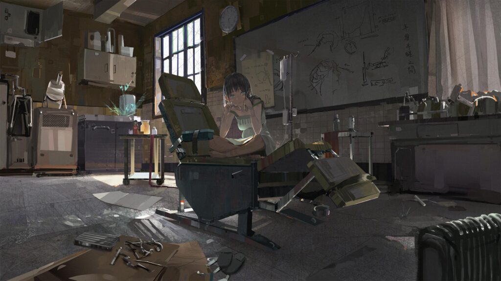 Anime Girl Sitting in Abandoned Medical Laboratory Desktop Wallpaper